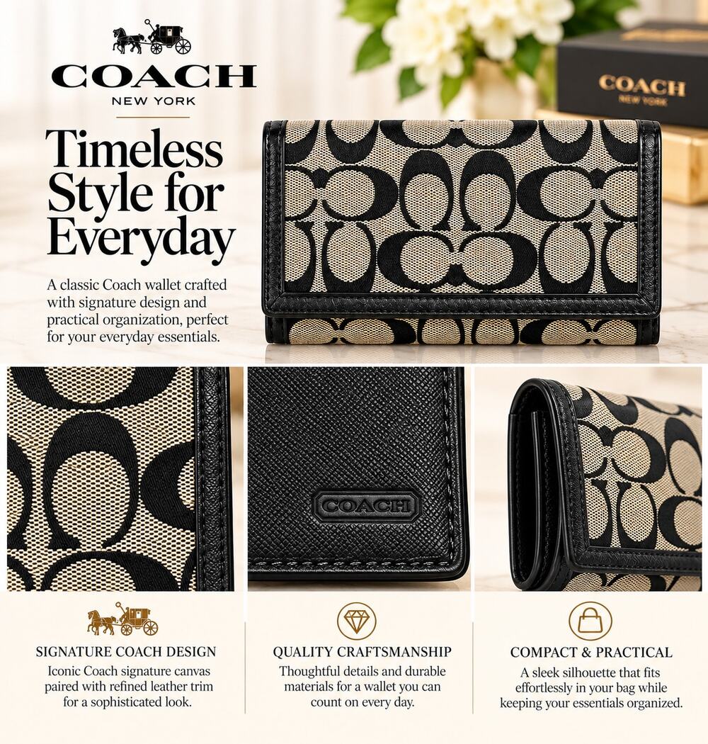 Coach Signature Canvas and Black Leather Long Bi-Fold